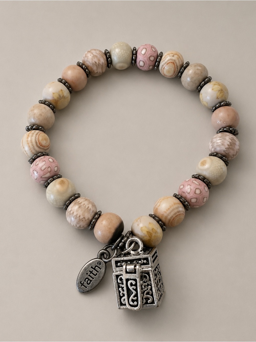 JILZARAH Faith Charm Stretch Bracelet Pink Treasure Chest Beaded
